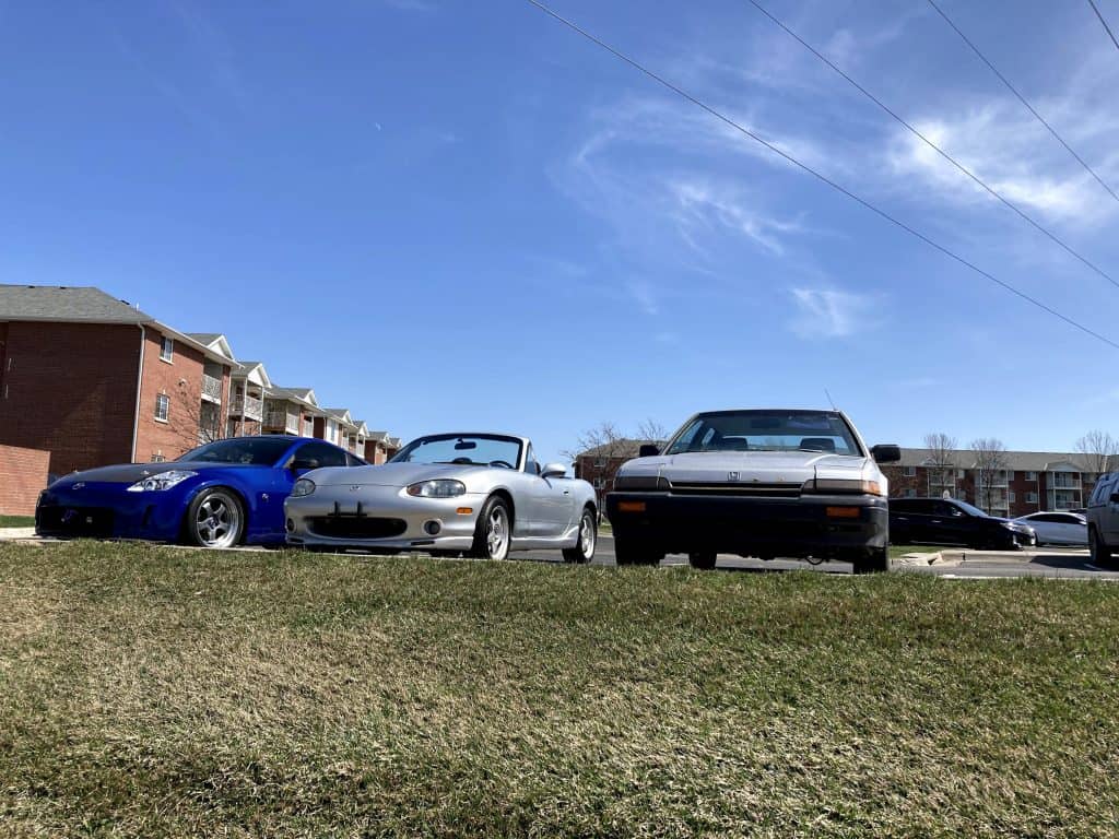 Nissan 350Z, Mazda Miata, and Honda Accord