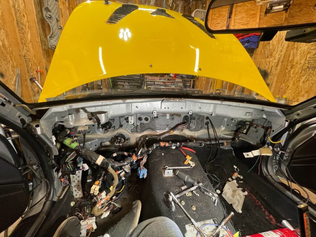 NB Miata with dashboard removed, December 2023